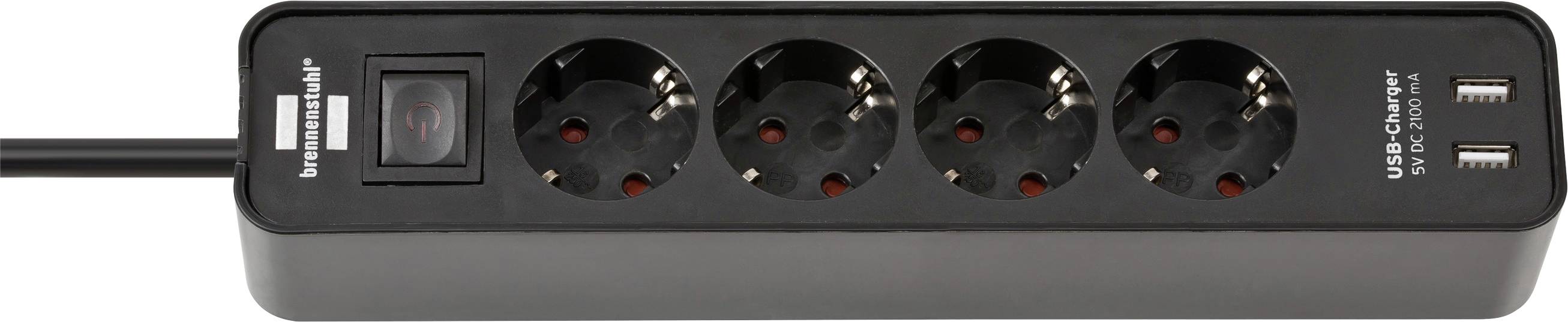 Black desktop power strip with four round outlets, a master switch, and two USB charging ports on the right.