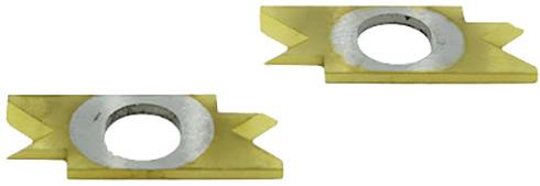 Two gold-coloured metal blades with round holes in the centre; possibly spare parts for a tool.