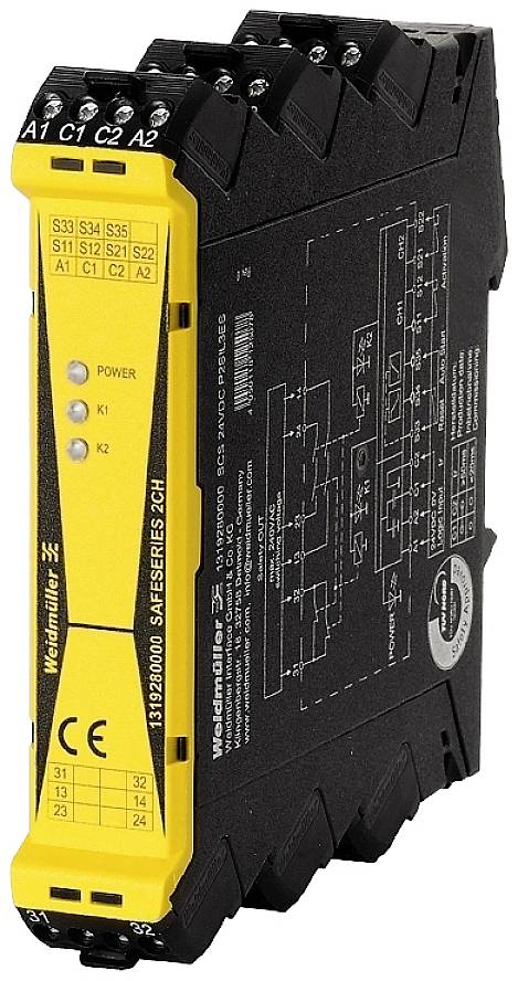 A safety relay from the Weidmüller SAFESERIES SCS24VDC1CO series, yellow-black, with printed technical details and connections.