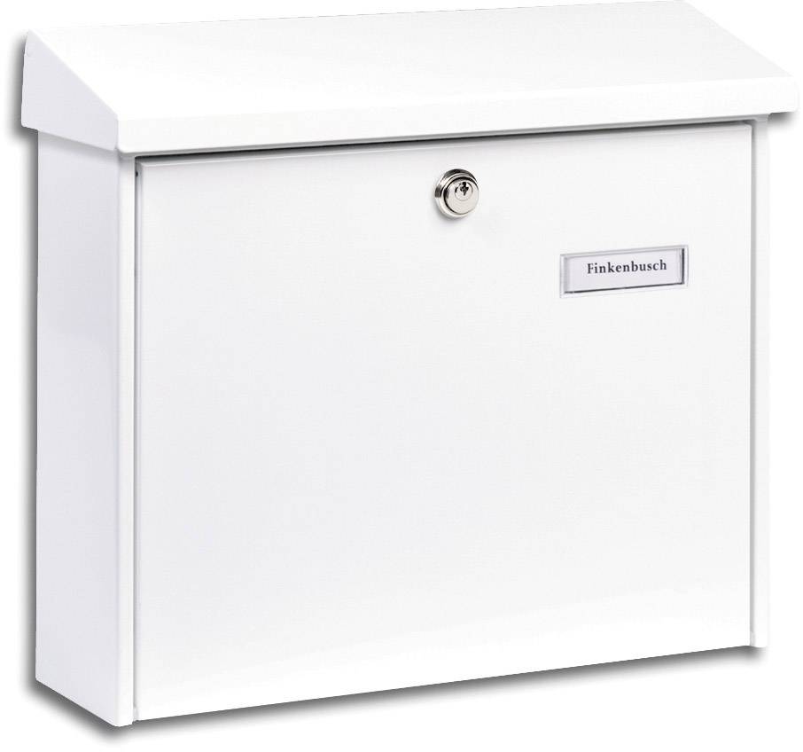 A white letterbox with a lock and the name plate 'Finkenbusch' on the front of the flap.