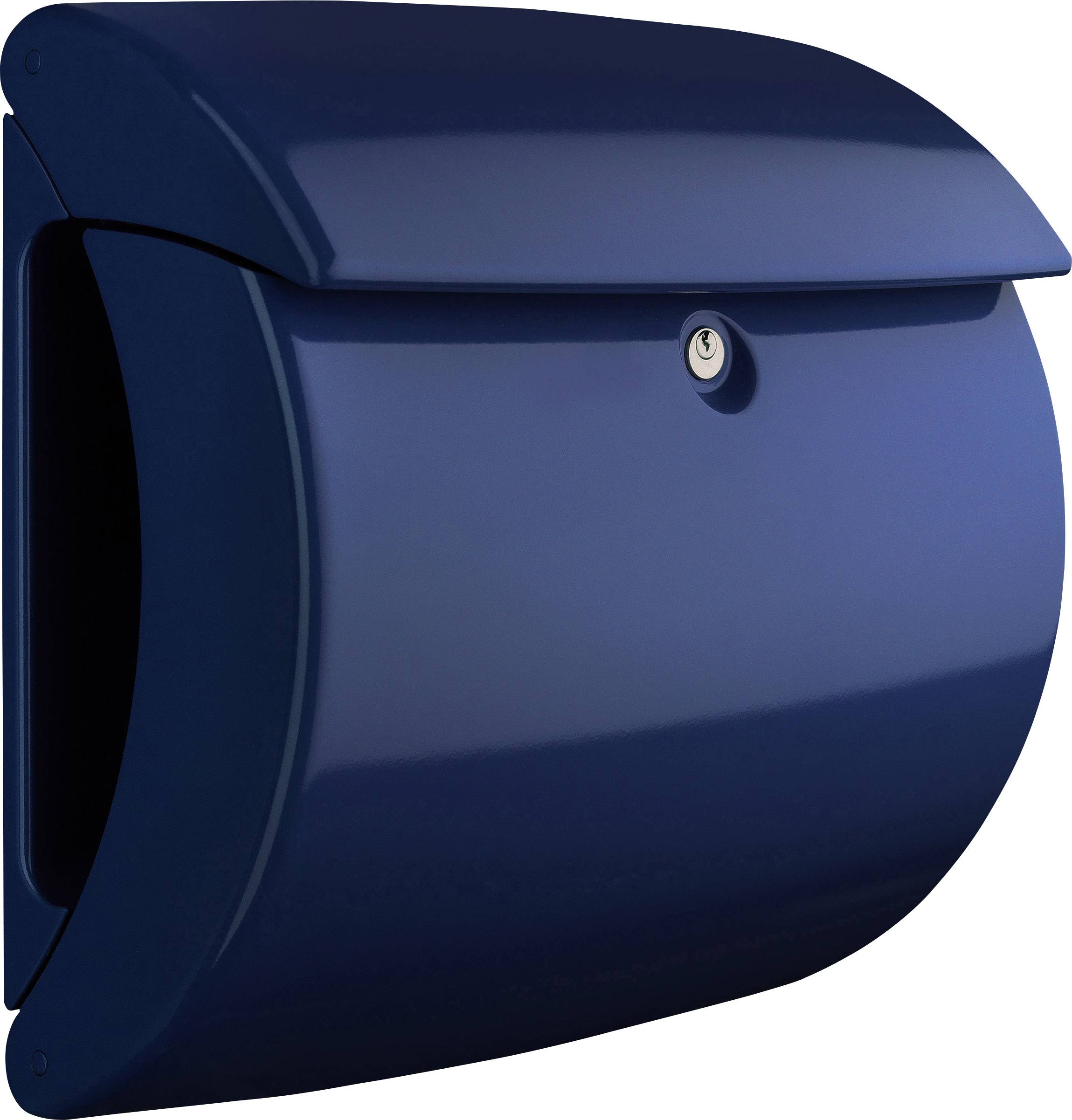 Blue, glossy wall-mounted letterbox, closed, modern design with rounded edges and integrated keyhole in the centre.