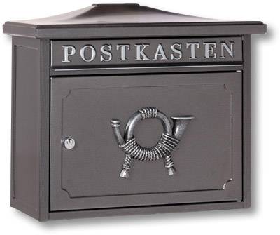 Grey postbox with the inscription 'POSTBOX', featuring a decorative relief of a postal horn.