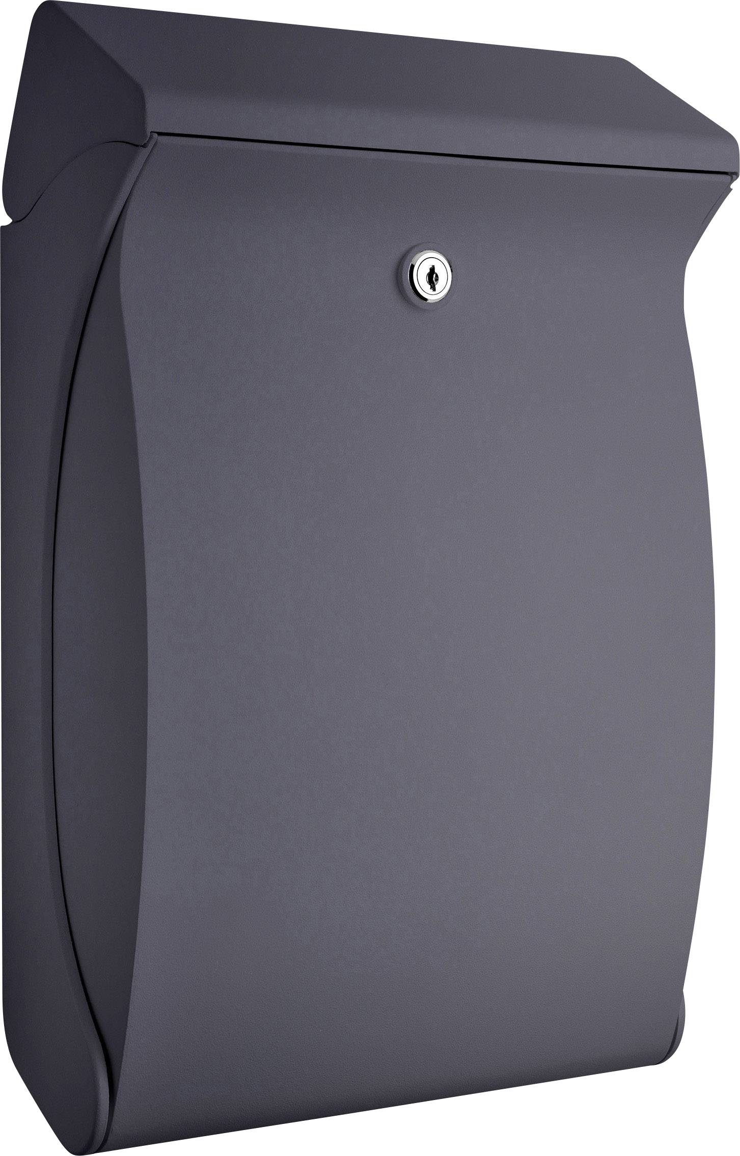 A grey wall-mounted letterbox with a curved lid and lock, suitable for outdoor use.