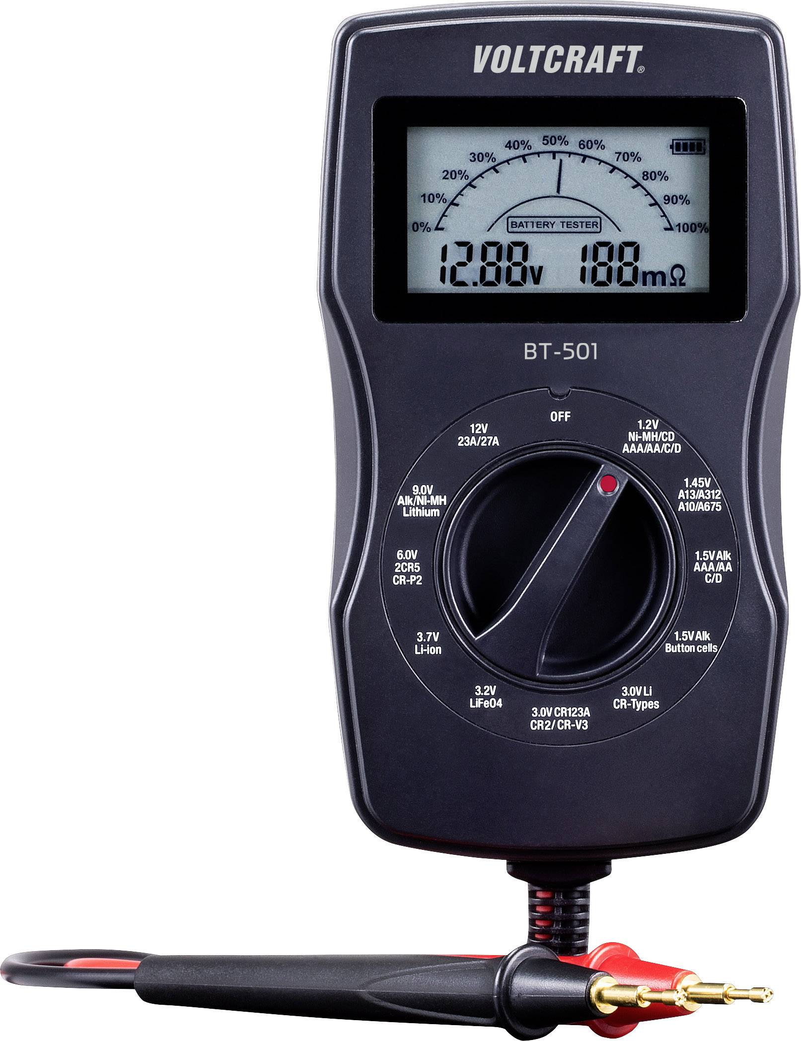 A digital multimeter of the model 'VOLTCRAFT BT-501' displays battery capacity values in volts and ohms. Suitable for various battery types.
