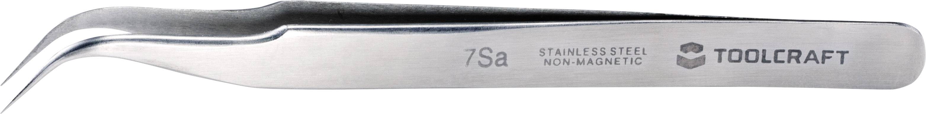 A curved, non-magnetic stainless steel tweezers by Toolcraft, model 7Sa, shown from the side.