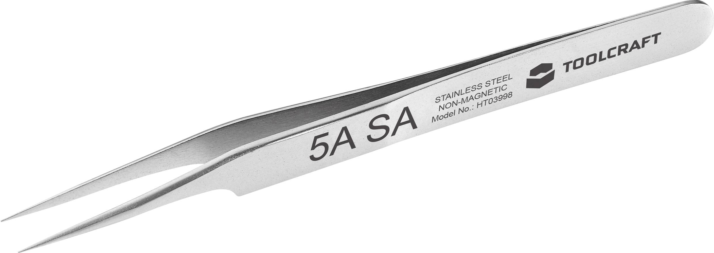 Close-up of stainless steel tweezers labeled '5A SA' and 'TOOLCRAFT', shown diagonally on a white background.