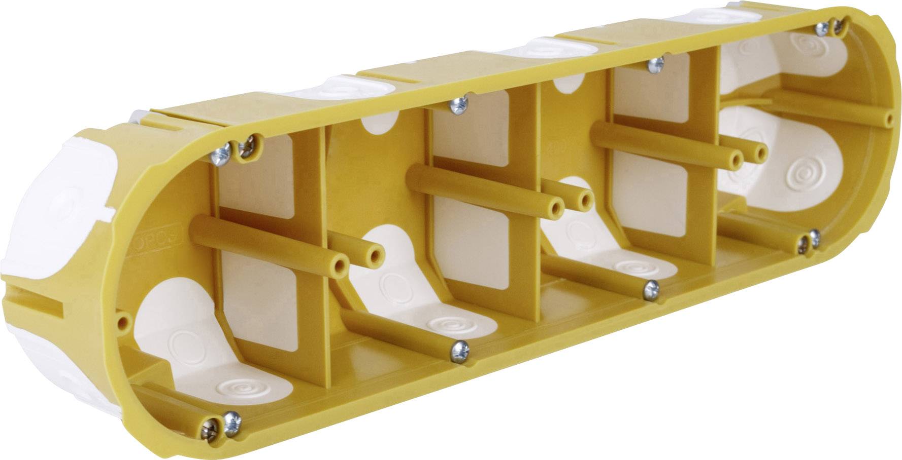 Elongated, yellow cavity wall plug with multiple fixing points and openings. Suitable for flush-mounted installation of cables and conduits.
