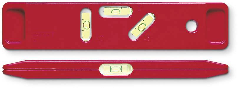 A red spirit level with three vials indicates water and vertical levels. Used for aligning surfaces.