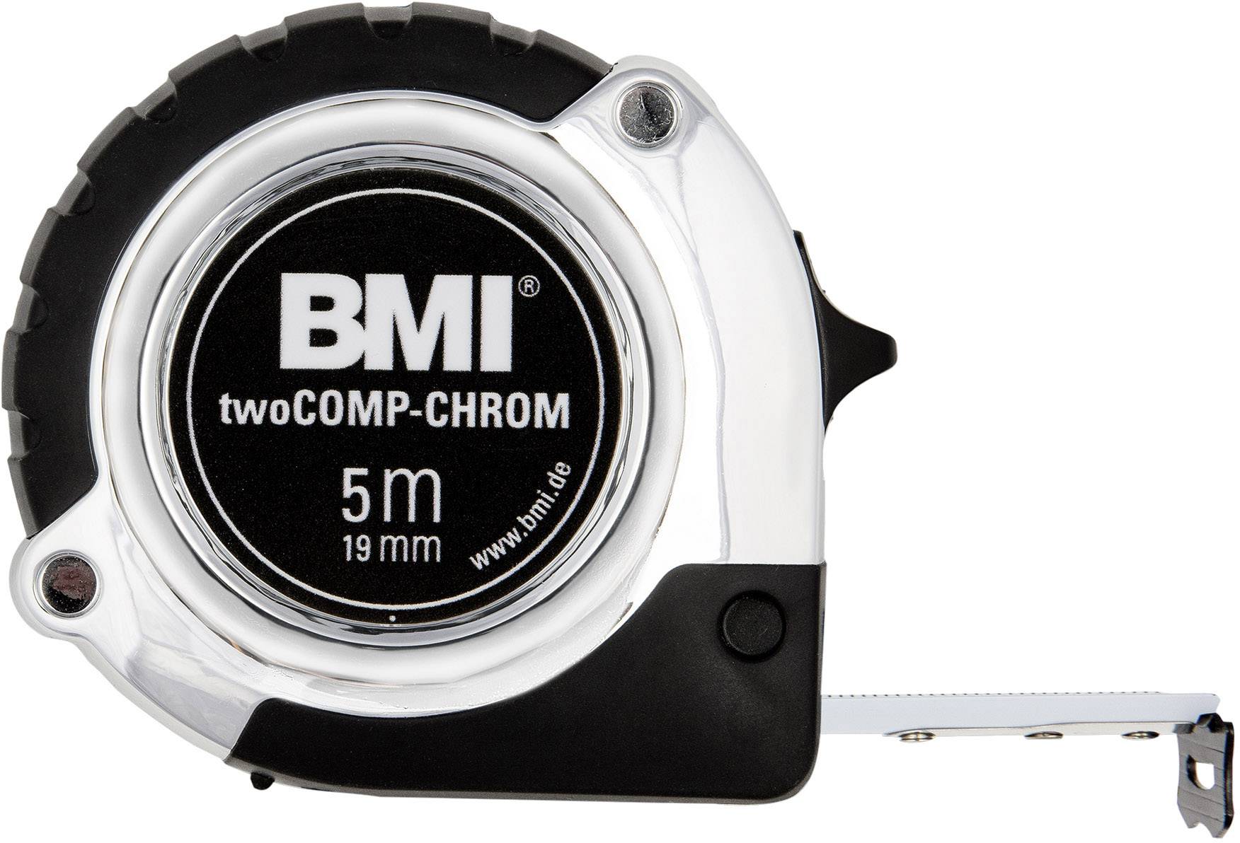 A black and silver tape measure by the brand 'BMI', scaled to 5 metres in length.