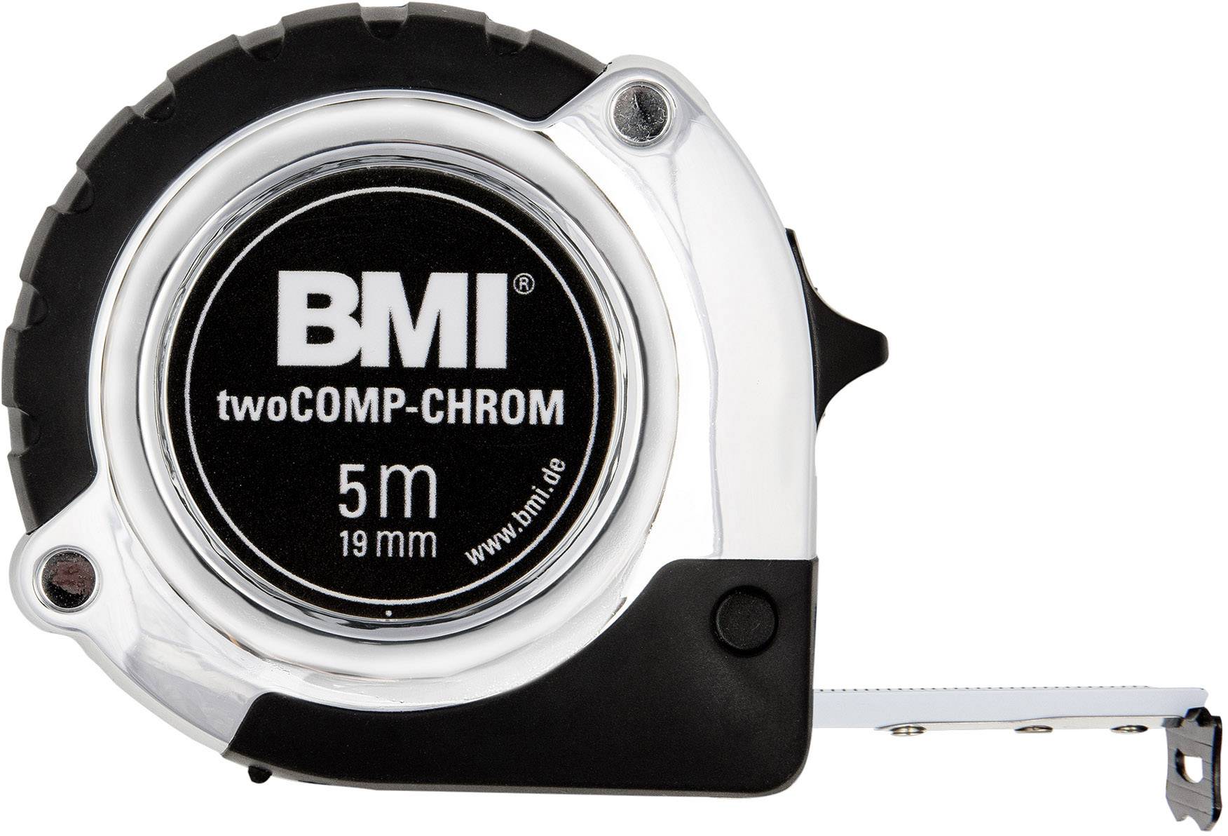 A metal tape measure with a black casing. Inscription: 'BMI twoCOMP-CHROM 5m 19mm'. Ideal for precise measurements up to 5 metres.