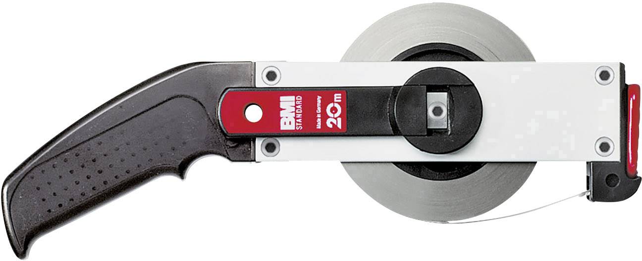 Tape measure with ergonomic handle, red scale and 20 m length. Ideal for precise measurements in construction and craft work.