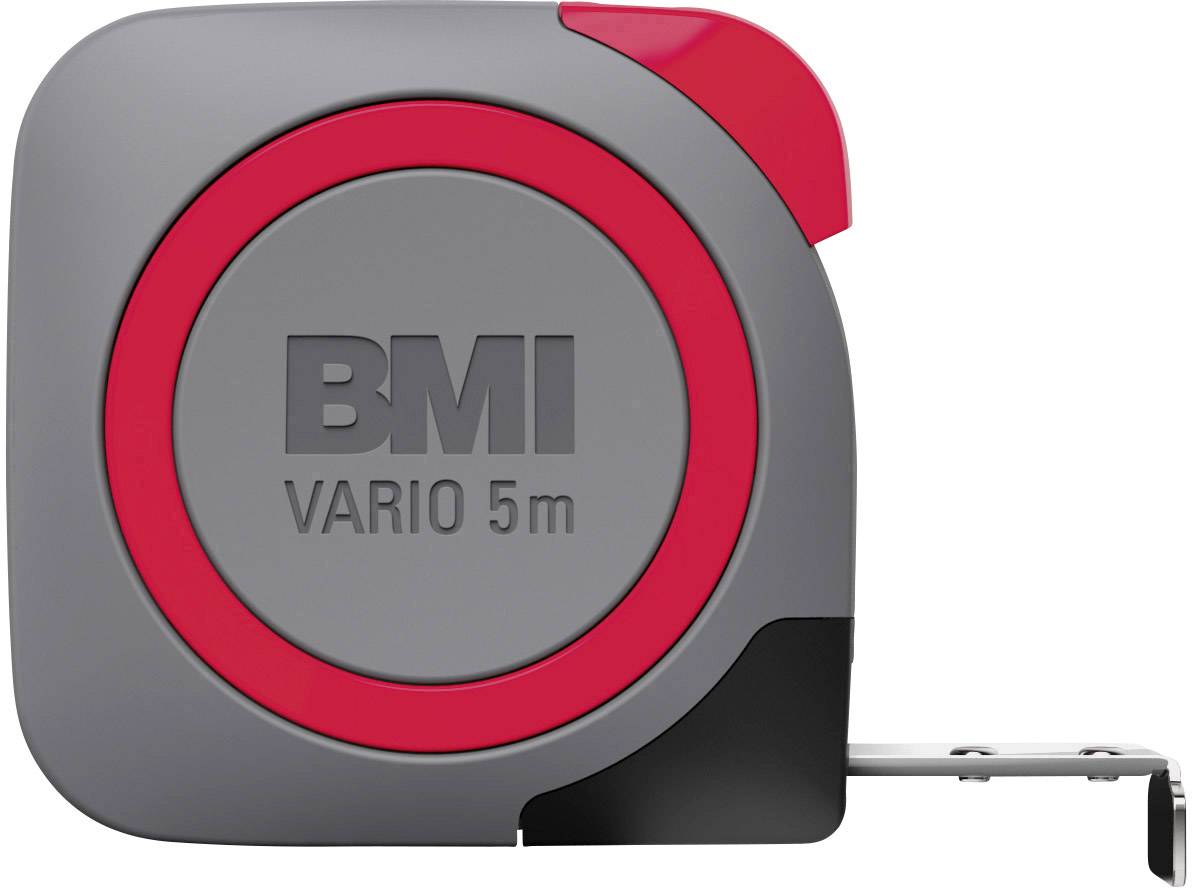 A grey tape measure with a red element, labelled 'BMI VARIO 5m', with an extended silver scale.