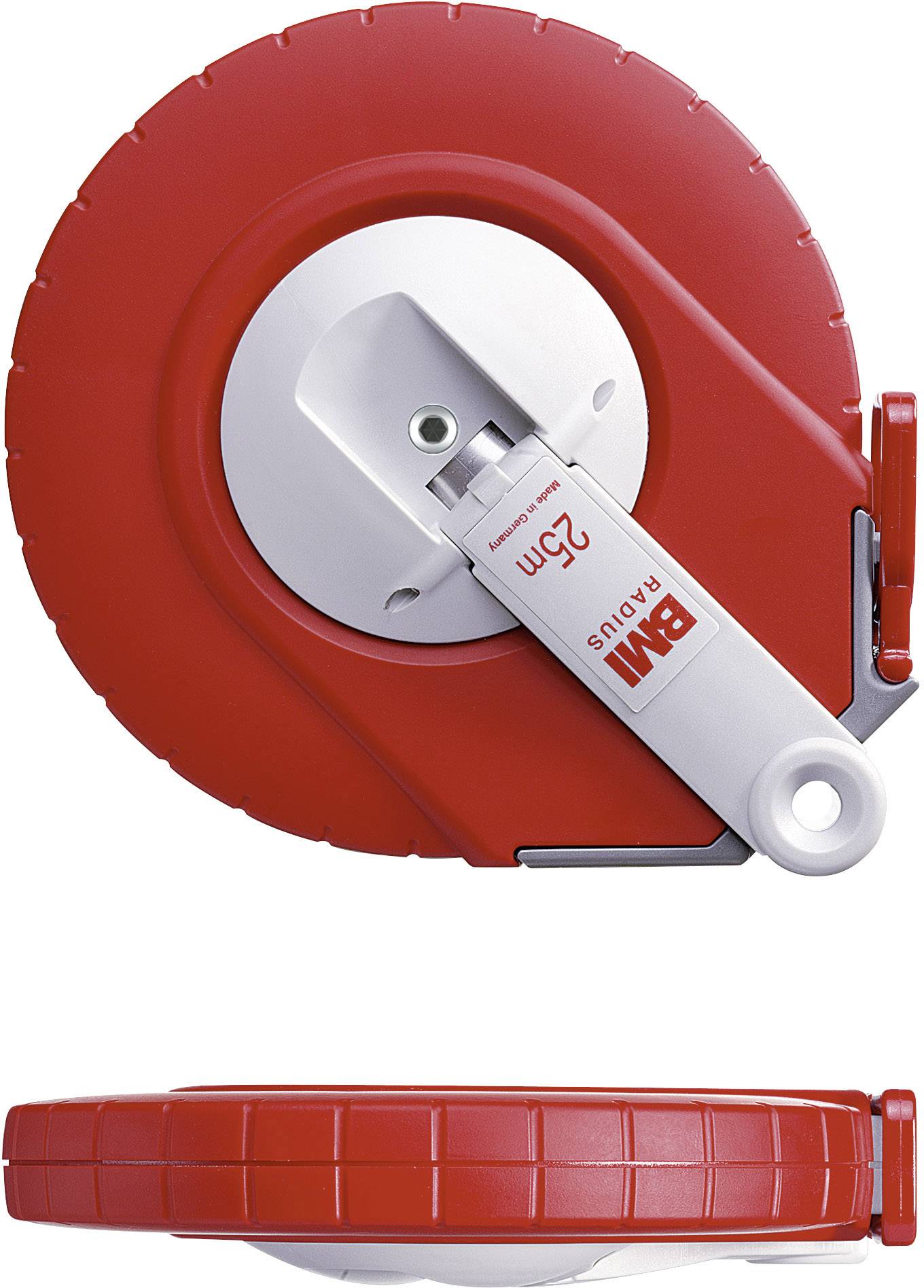A red tape measure with a length of 25 m, housed in a circular casing with a hand crank on the side.