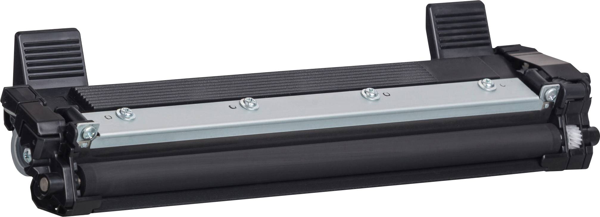 A black printer toner module with metal and plastic components, designed for use in a laser printer.