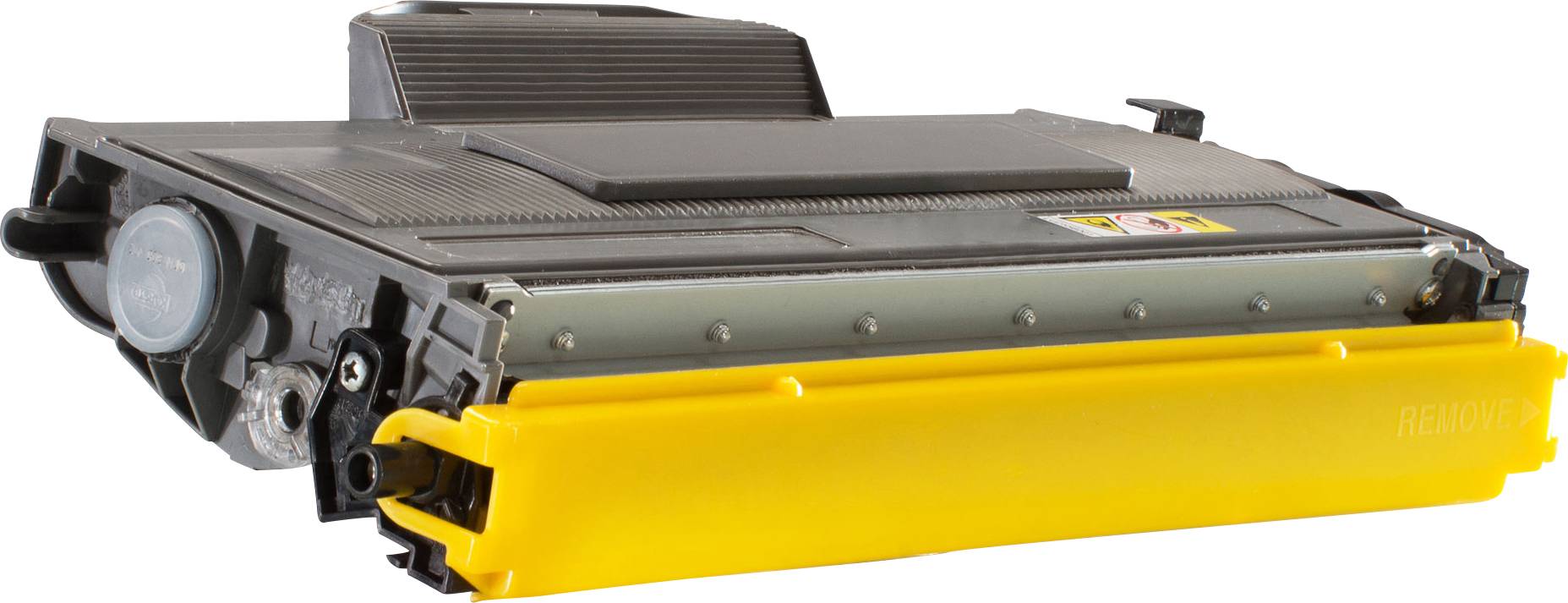Yellow-covered printer cartridge, suitable for laser printers.