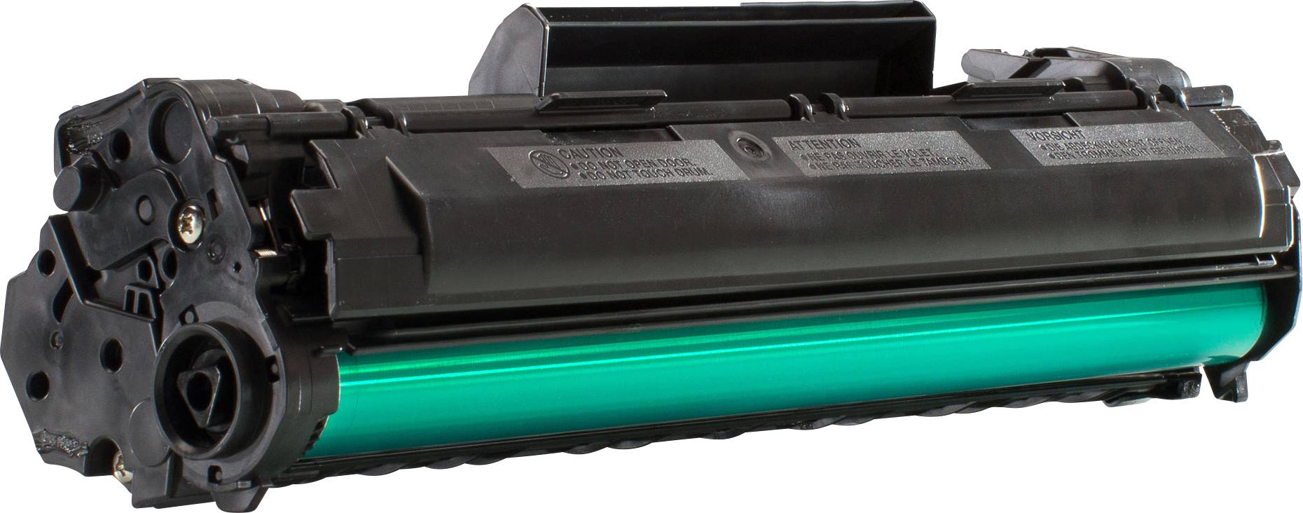 Black printer toner cartridge with green drum area, suitable for laser printers, on a white background.