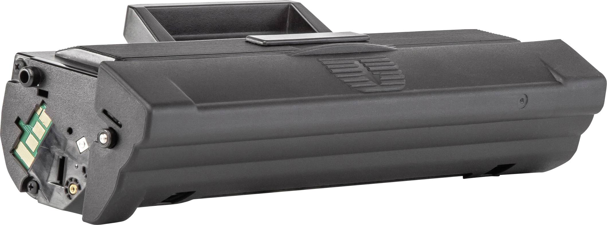A black toner cartridge, likely for a laser printer, is positioned against a white background.