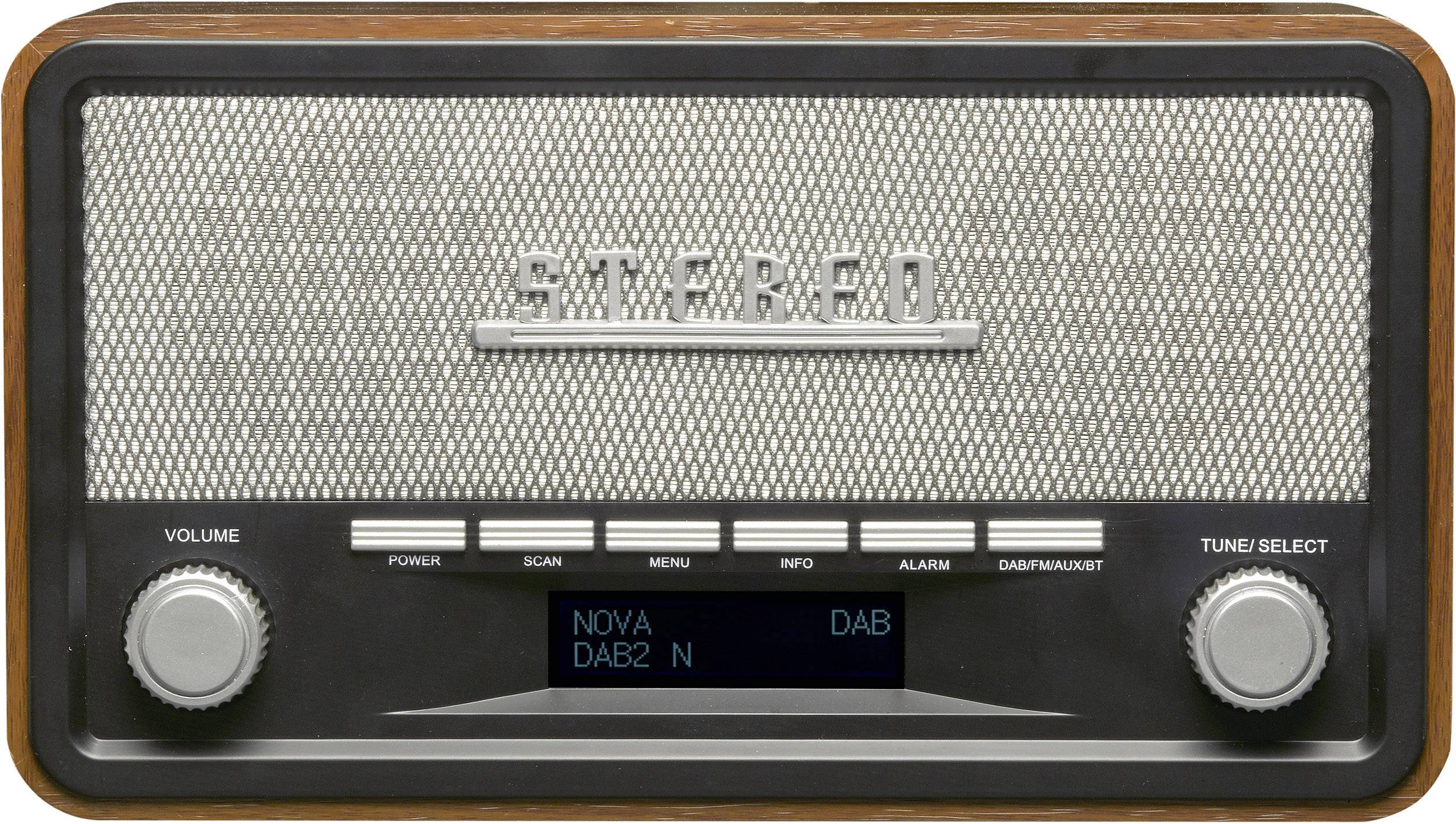 A retro radio with a wooden frame and digital display shows the station options 'NOVA DAB2'. Large knobs for volume and station searching.
