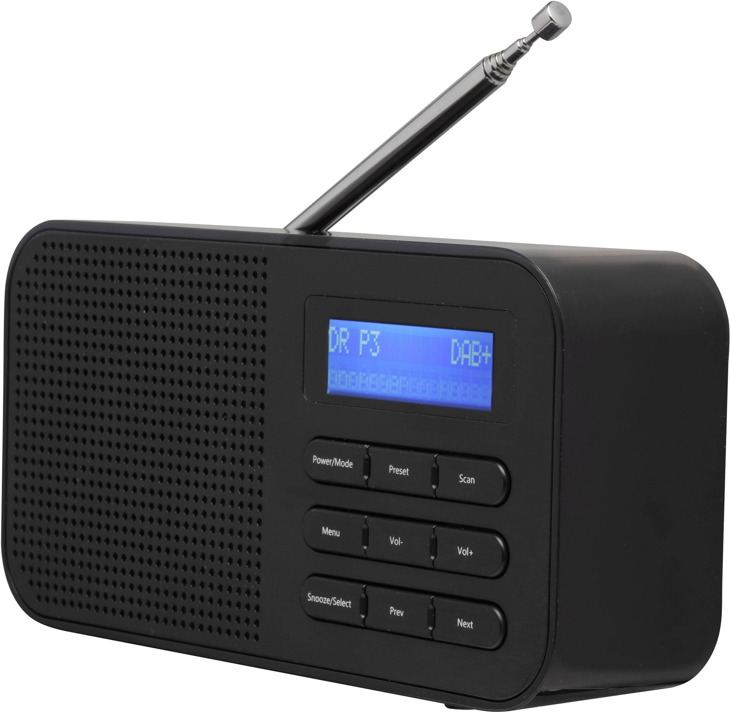 A portable digital radio with an extendable aerial, displaying 'DR P3 DAB+' on the screen and featuring control buttons underneath.
