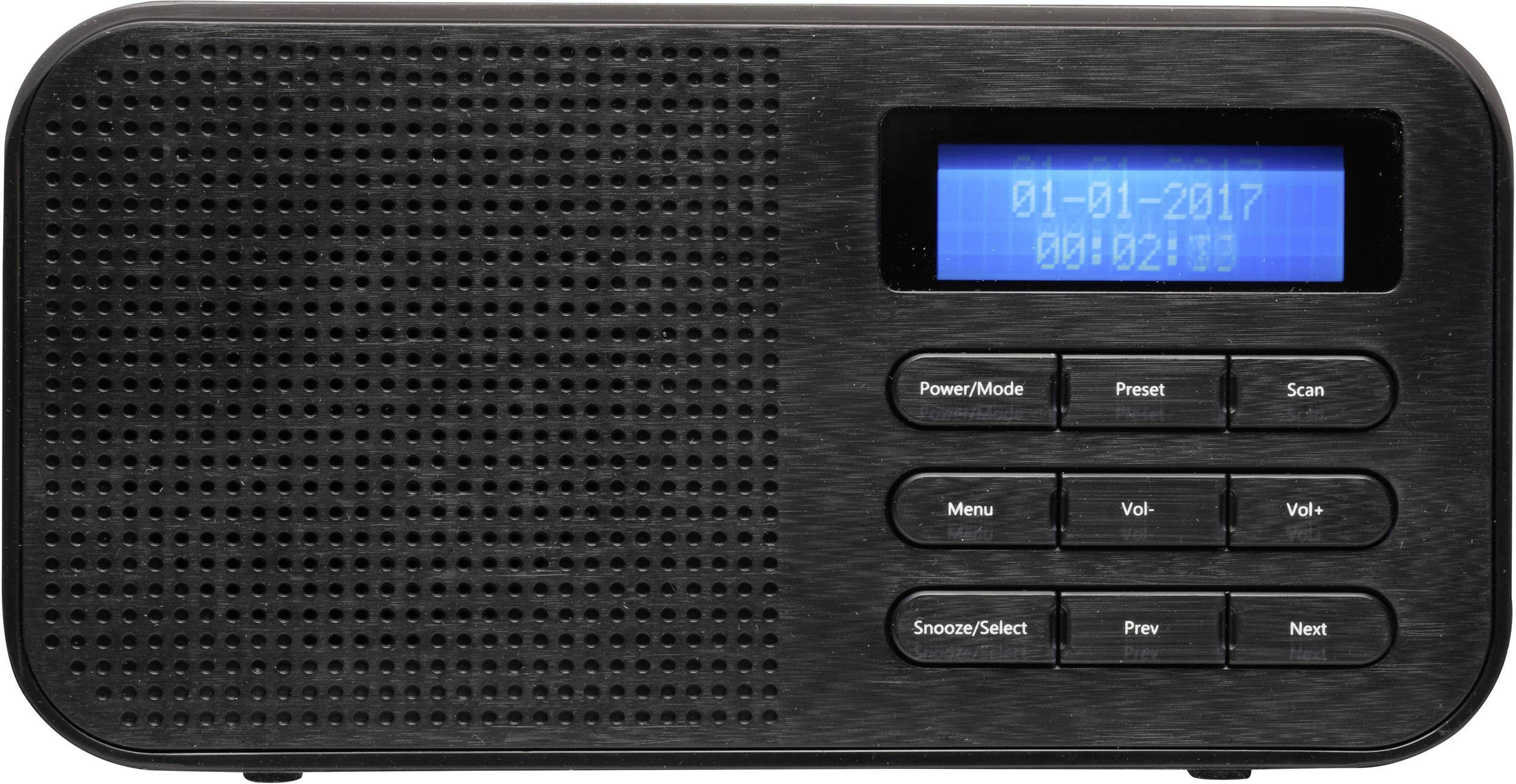 A black-grey, portable digital radio with a display and function buttons on the right side. The display shows '01-01-2017, 00:02:17'.