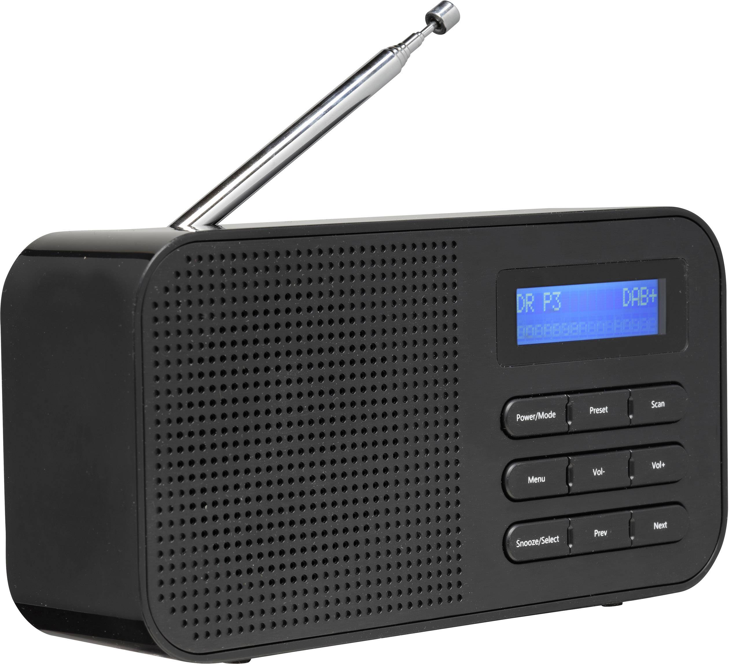 A black portable DAB radio with extended antenna. The display reads 'DR P3 To...band | DAB+' with several control buttons.
