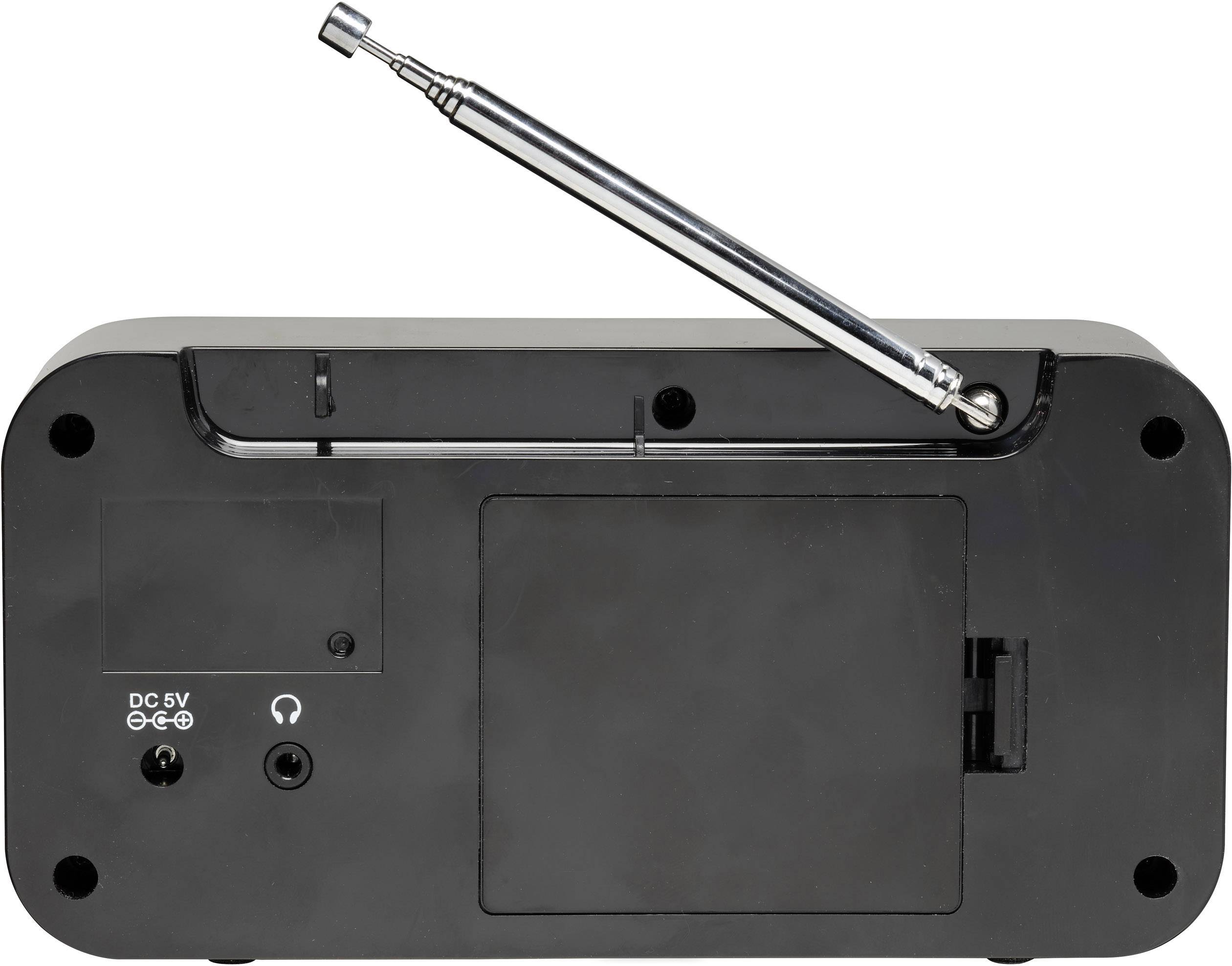 Rear view of a black device with an extended metal antenna and a DC 5V input socket.