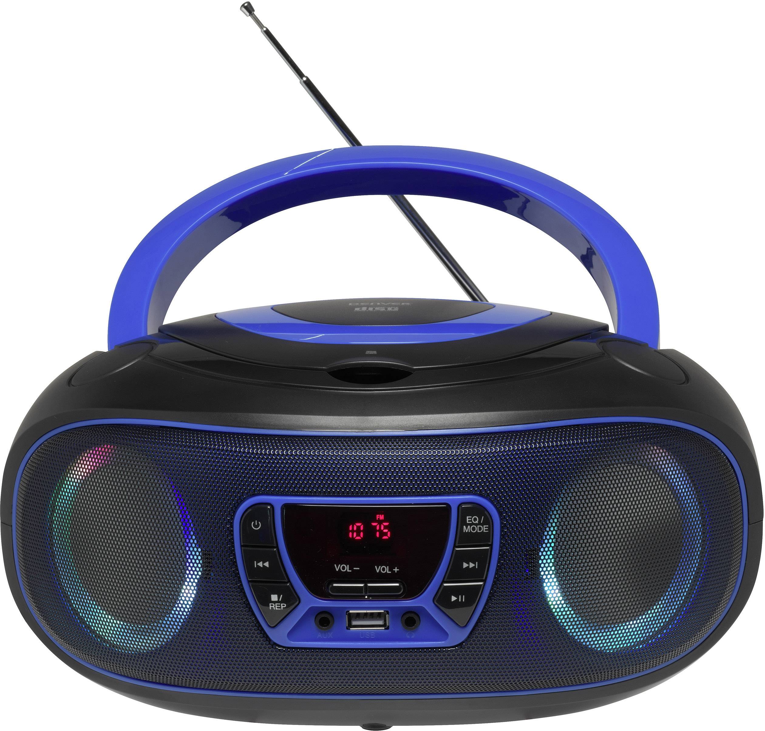 A portable radio with a blue border and an extendable aerial. It displays a red LED screen and control buttons.