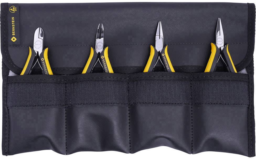 A black case with four pliers with yellow handles in individual pockets.