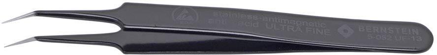 Black precision tweezers with a fine tip, suitable for electronic work or soldering in areas with limited access.