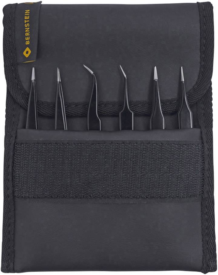 A black case with six different tweezers, ideal for precise work such as electronics repairs and precision mechanics.