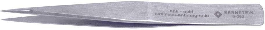 A silver, anti-acid stainless steel tweezers by Bernstein, lying sideways.