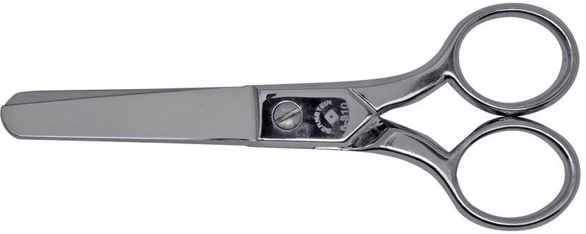 Metal scissors with rounded ends for safe cutting. Suitable for children or use in school.