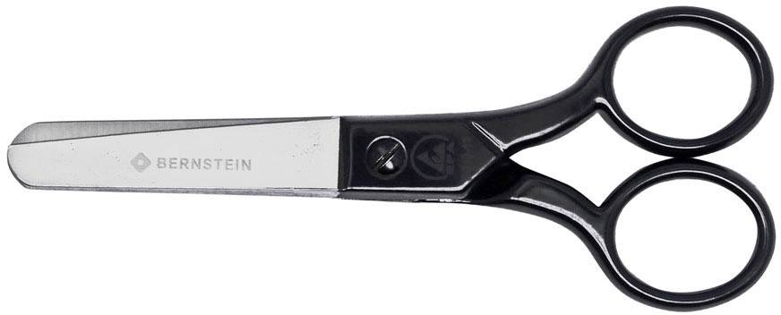 A black pair of scissors with a silver, straight cutting blade lies on a white surface.