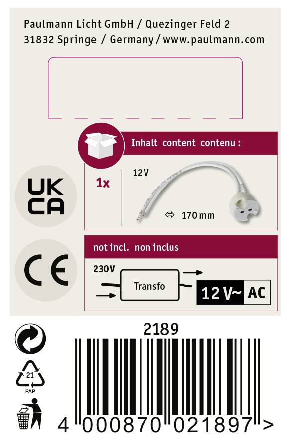 'Paulmann Licht GmbH, Quezinger Feld 2, 31832 Springe, Germany.' Produktbild mit Transformator: '230V zu 12V AC, 170mm'. Enthält Barcode.