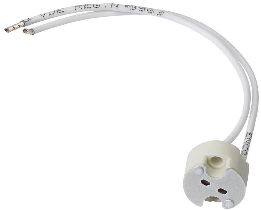 Two-pole G9 ceramic lamp socket with white cables, suitable for halogen or LED bulbs, close-up.