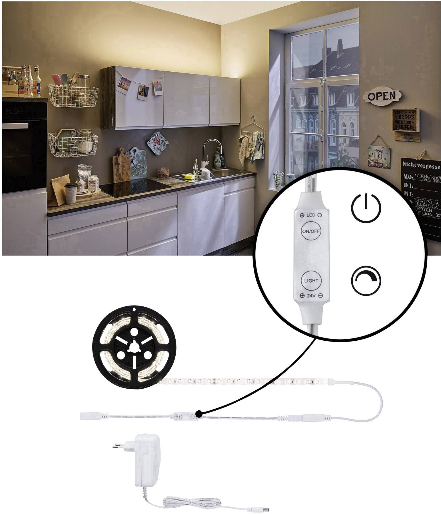Kitchen with modern lighting, LED light strips with remote control for brightness adjustment, showcasing a cosy ambience.