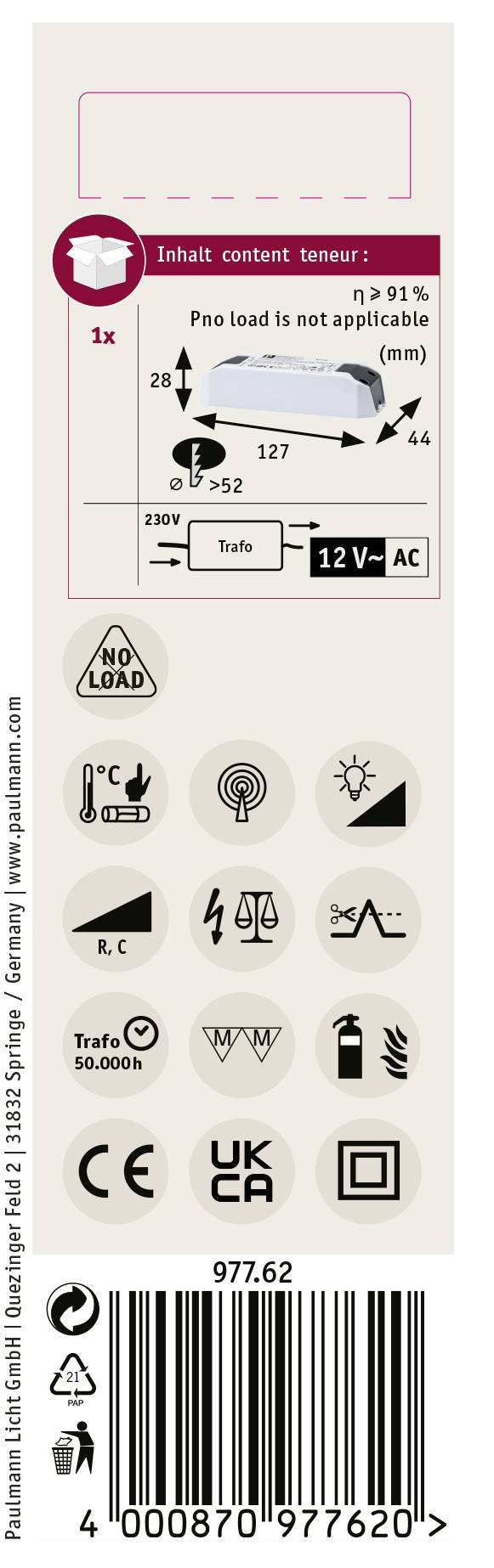 Contents 1x, Pro load not applicable, 12V~ AC, CE mark, Barcode: 4008870977662, various symbols for warnings and specifications.