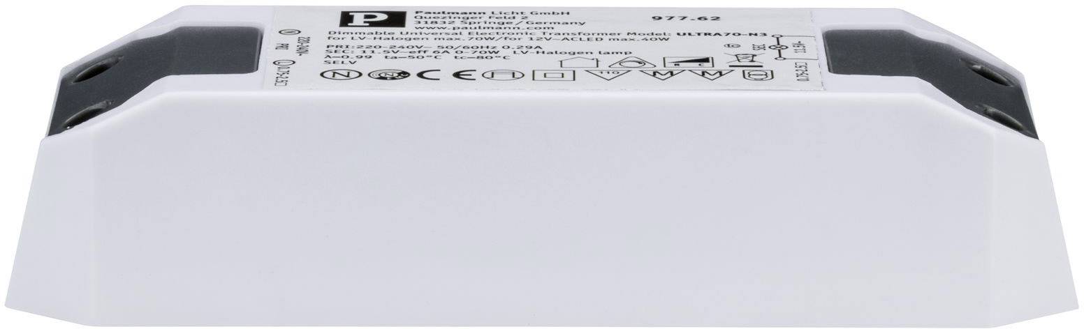 White, rectangular electronic device with labels and symbols on the top surface, possibly a transformer.