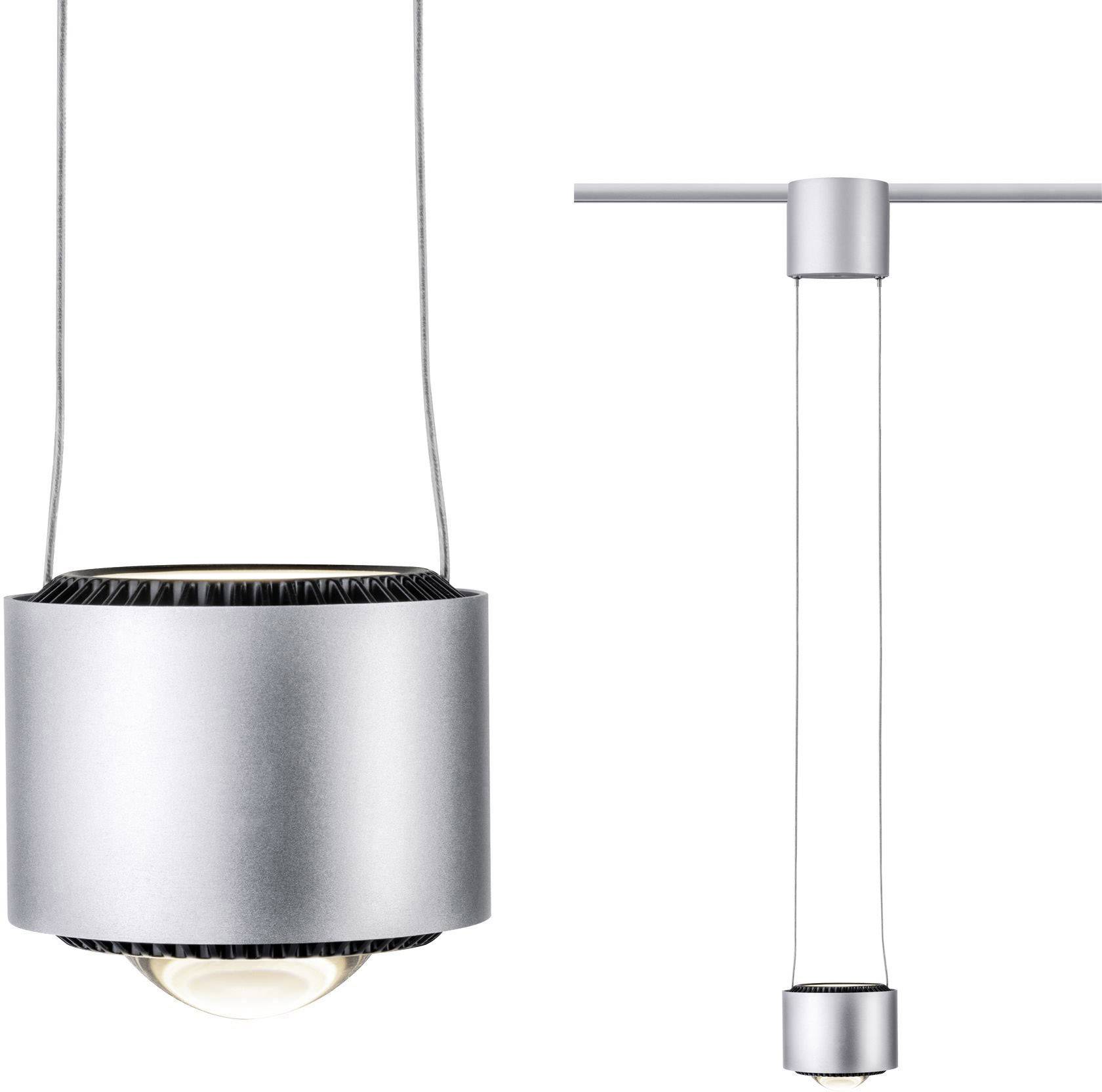 A contemporary pendant light made from brushed metal with a circular, minimalist design and a visible light element at the base.
