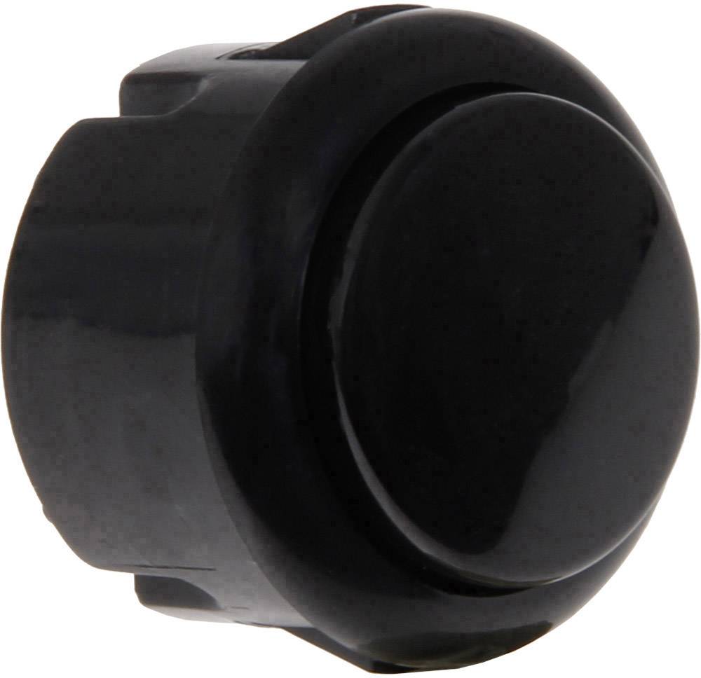 Black round button with a glossy surface, suitable for electronic devices or control panels.