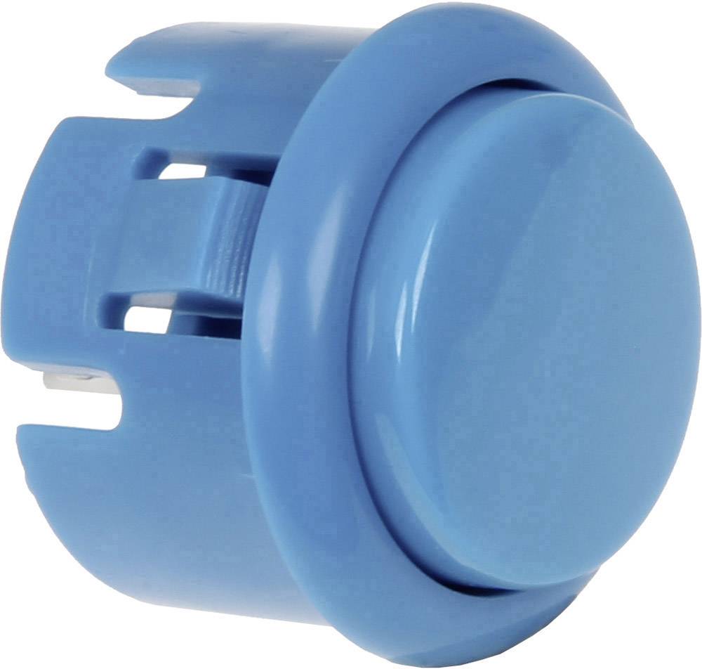 A blue push button in close-up, cylindrical in shape, with a smooth, round button. Suitable for electronic circuits.