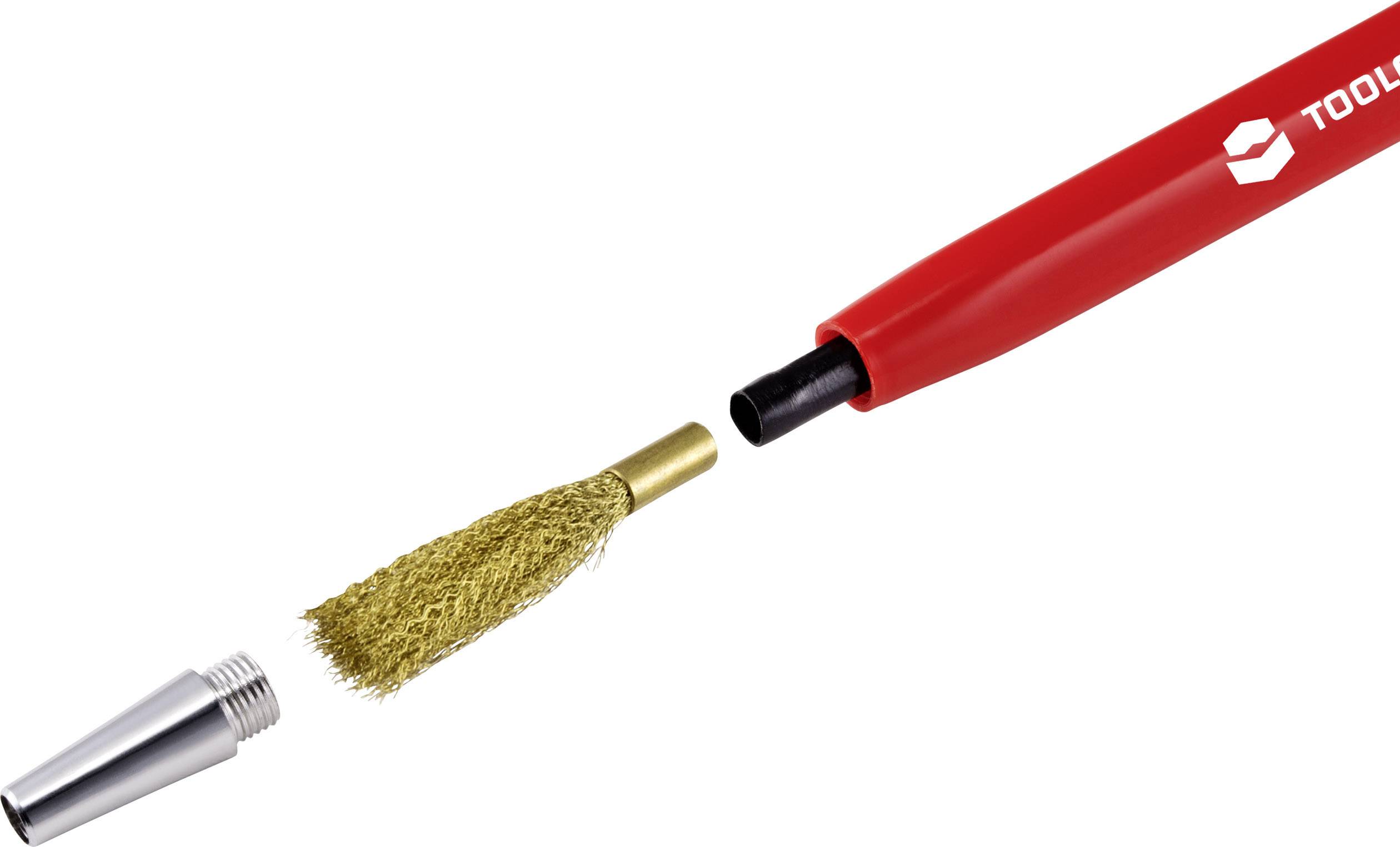 Red cleaning brush with a removable golden brush head and black handle.