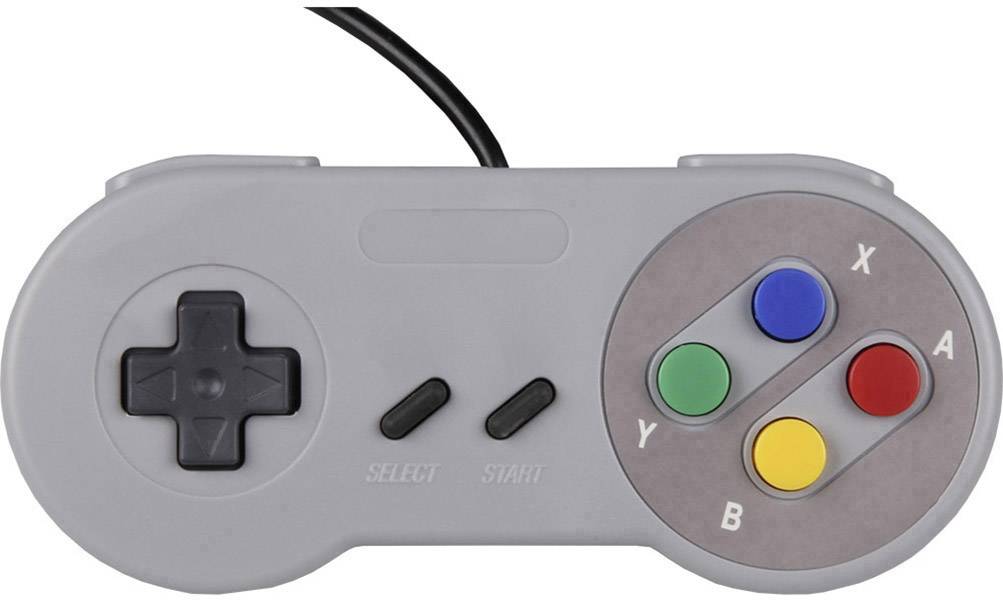 A grey retro games controller with a D-pad on the left, two central 'Select' and 'Start' buttons, and coloured buttons on the right: X, Y, A, B.