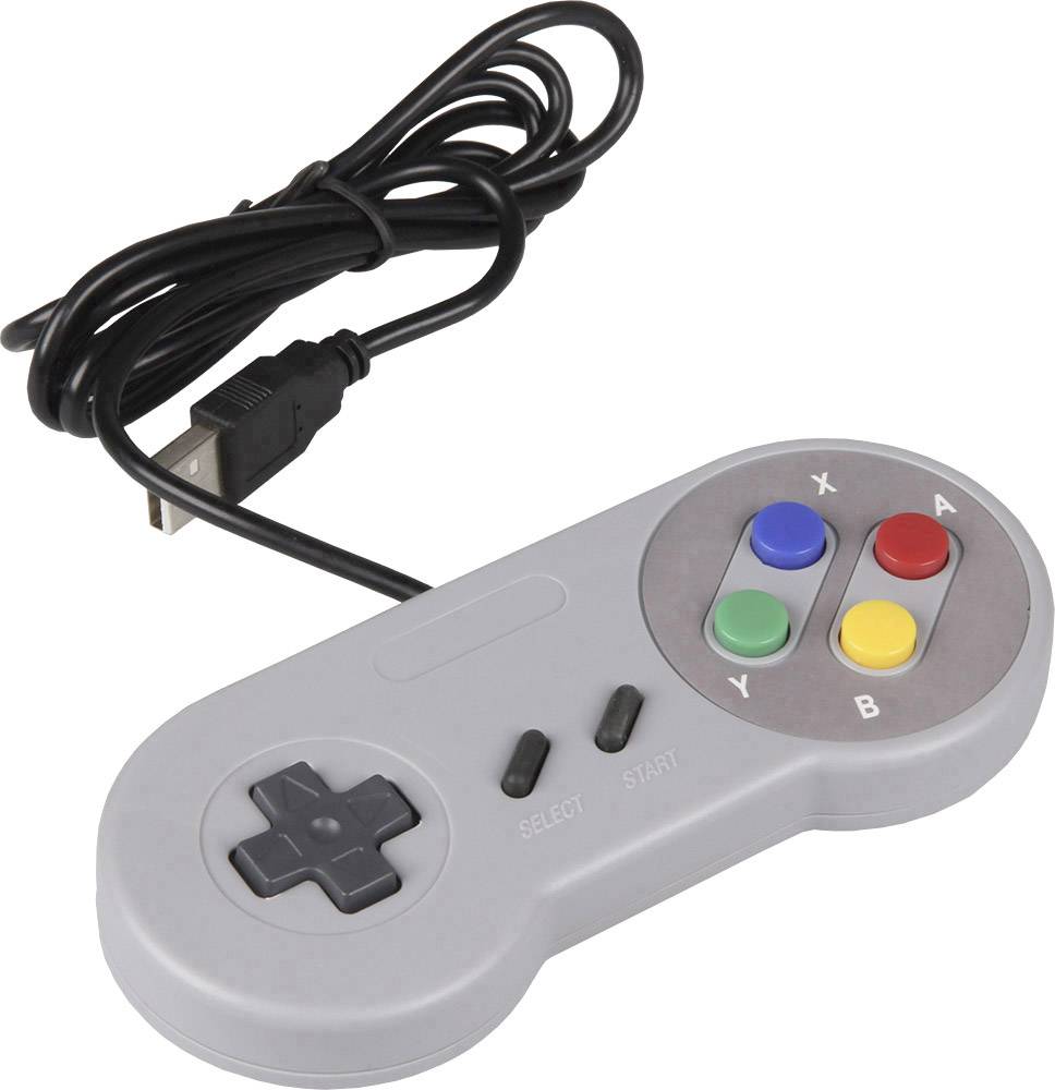 Grey retro game controller with directional pad, four coloured buttons (X, A, B, Y) and USB connection cable.