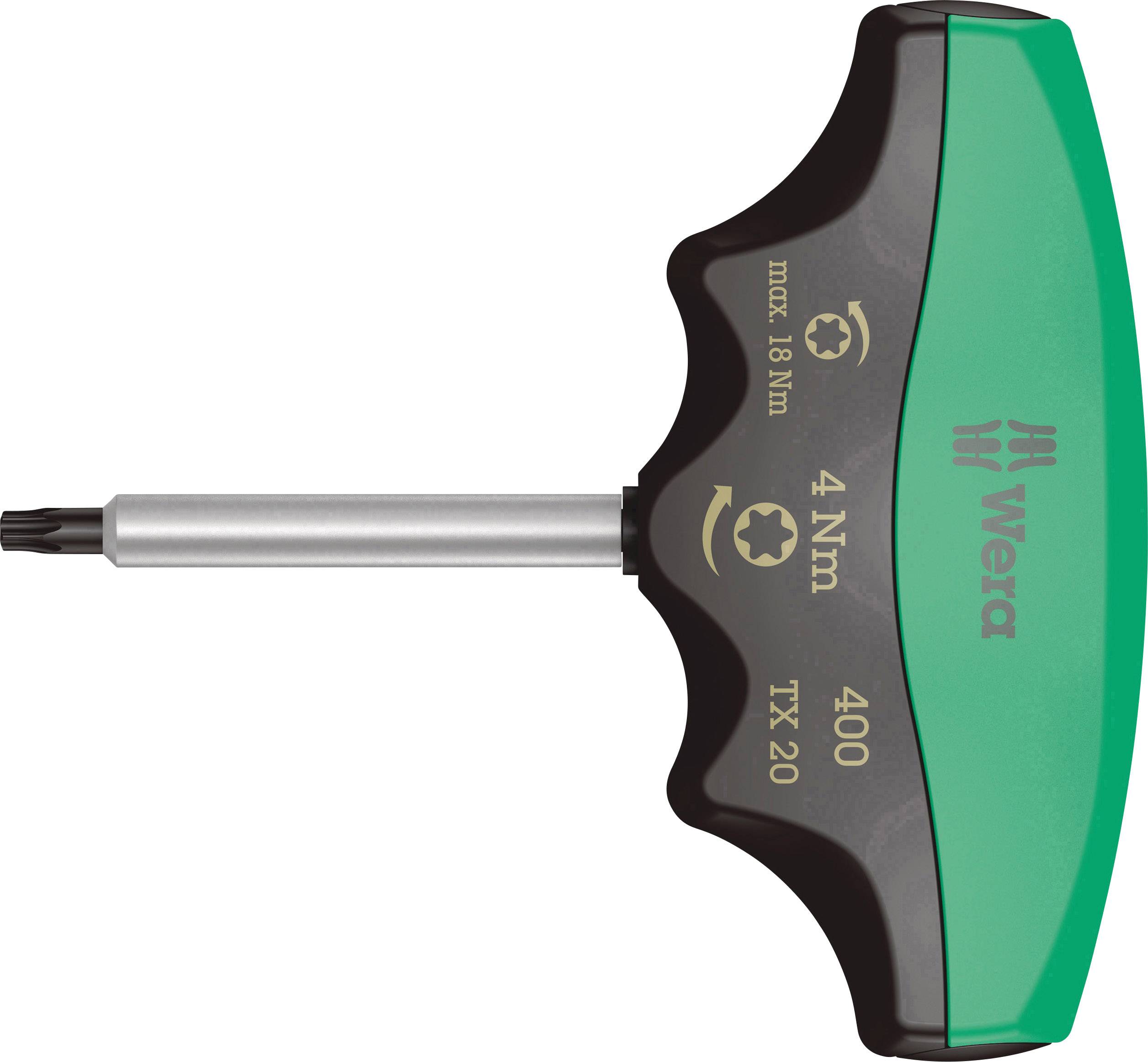 T-shaped screwdriver by Wera with green-black handle, labelled with '4 Nm', 'TX 20' and 'max. 18 Nm'.