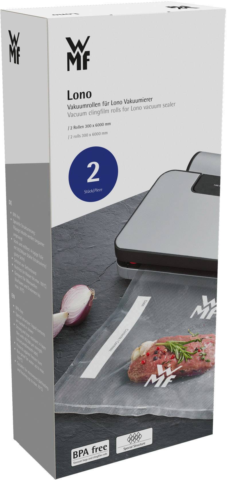 Packaging of a vacuum roll by WMF with an illustration of a vacuum-packed piece of meat in a bag and a vacuum sealing device.