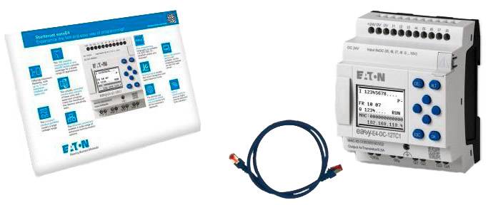 The image shows an Eaton electrical control unit with its associated manual and a connecting cable.