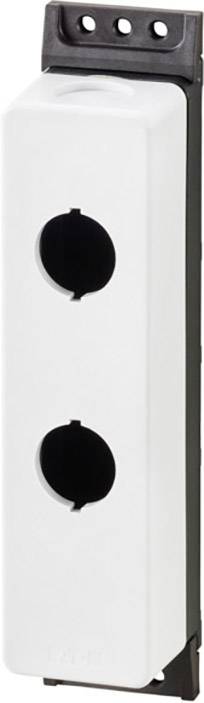 A white, rectangular housing with two round openings, one above the other, mounted on a black bracket. Electrical component.