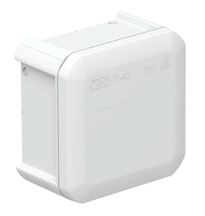 White, square plastic junction box with the marking 'OBO T40' and 'IP55'.