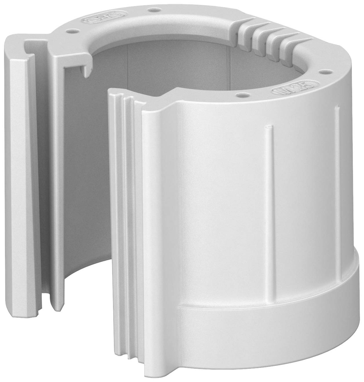 Round, white plastic component, possibly a pipe or cable holder with a side opening and vertical grooves.